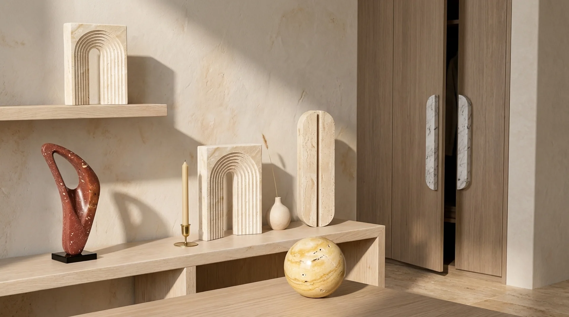 Athina travertine arches and marble abstract sculpture on a console at golden hour