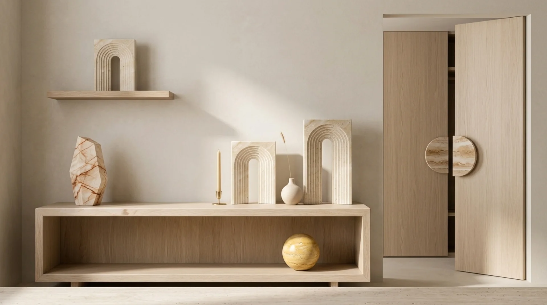 Athina medium travertine arch on a console with candle and ceramic vase
