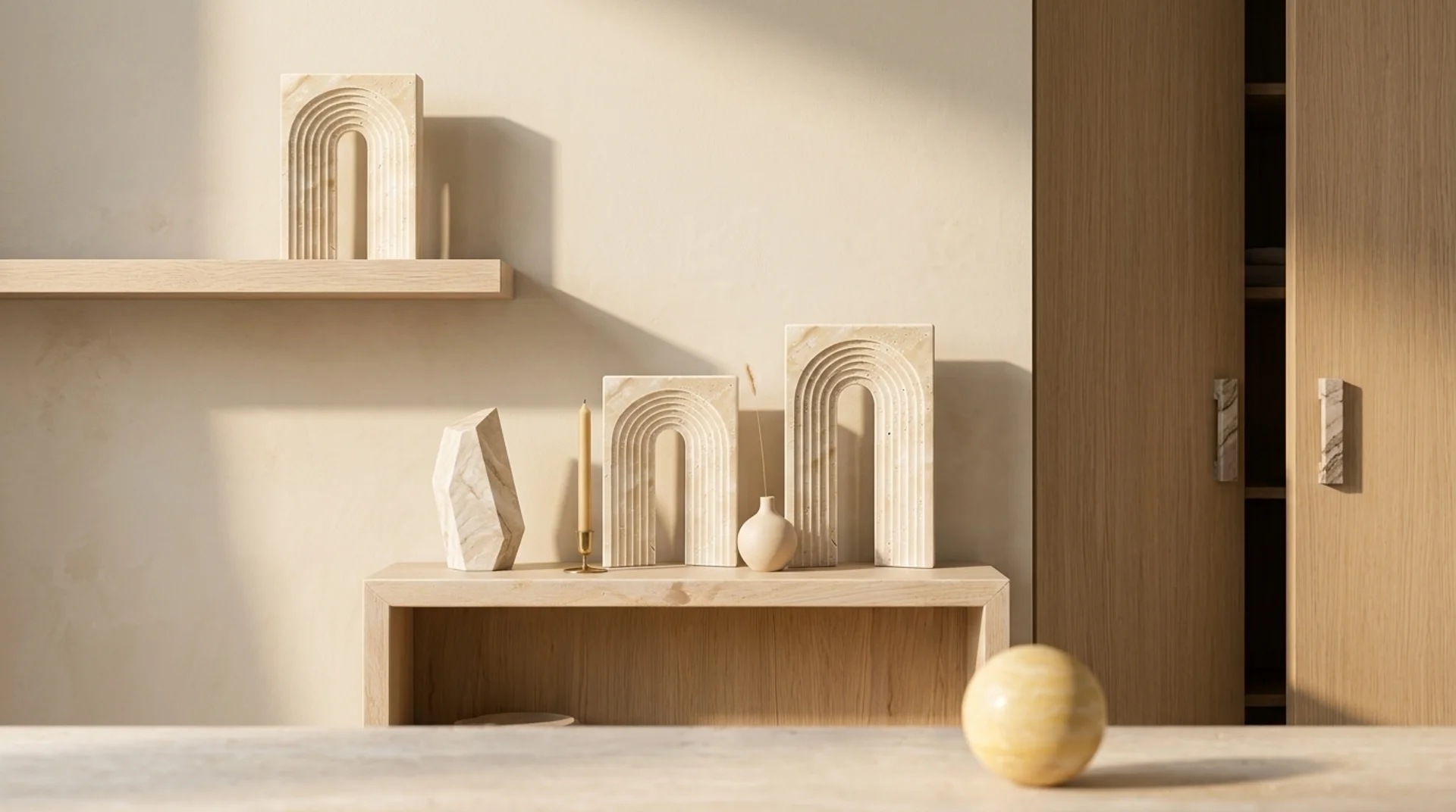 Athina yellow travertine sphere and marble abstract sculpture on a sideboard