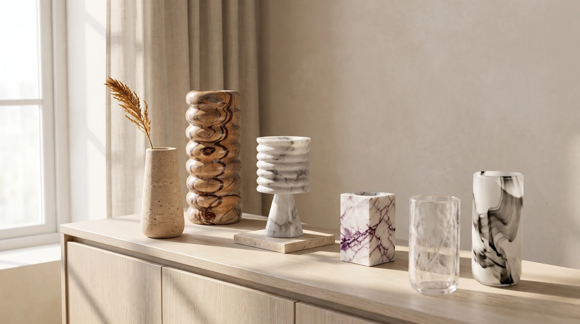 JAY stone and marble vessels with marble flower sculpture on a wooden sideboard