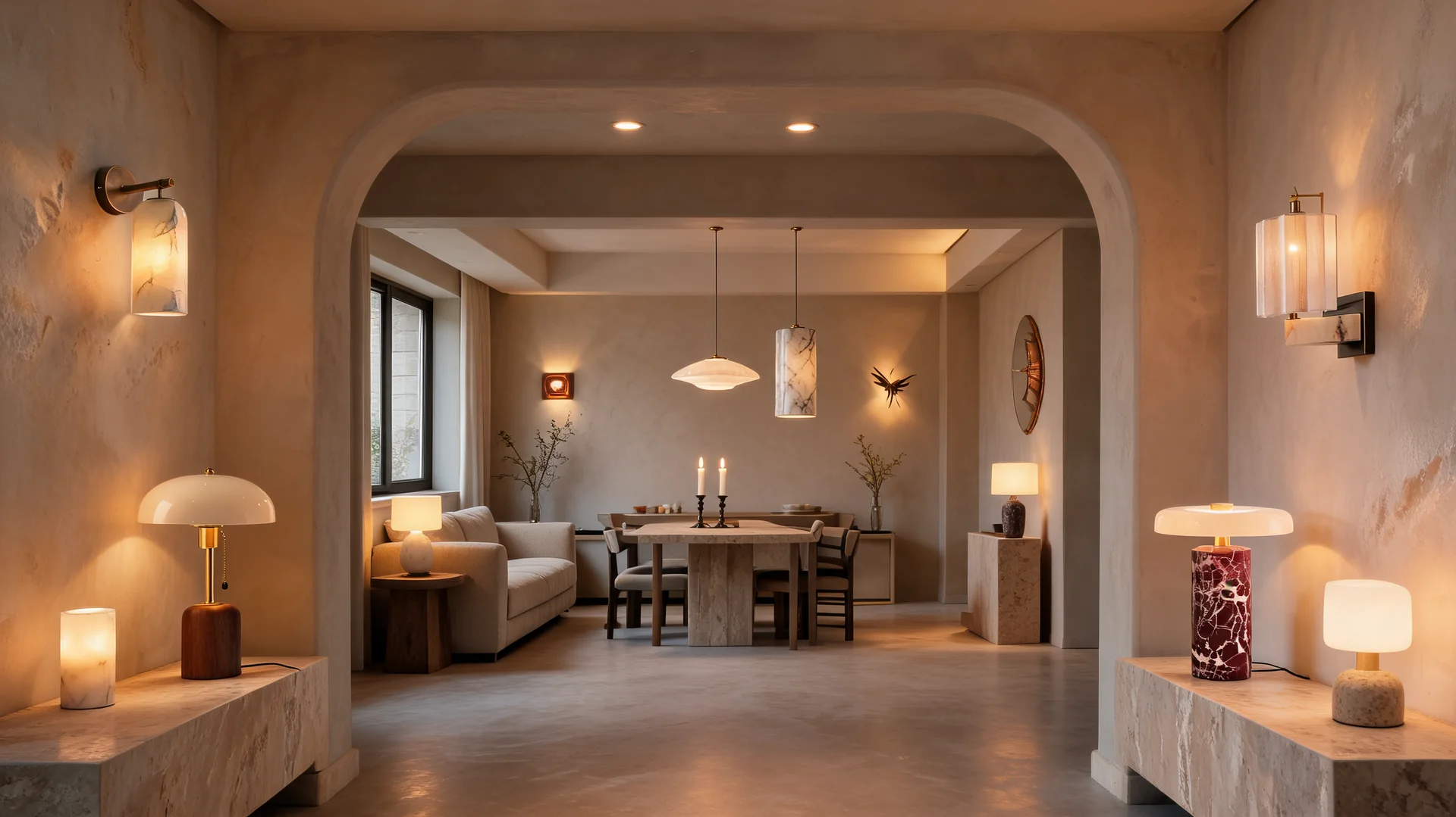 NOR marble sconces, travertine pendant, and table lamps glowing in an arched hallway at dusk