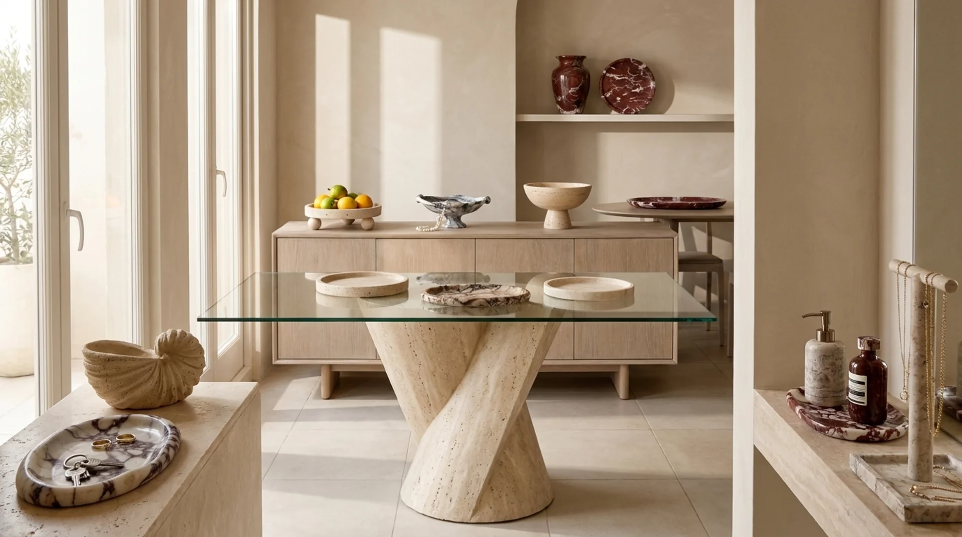 Samira marble scalloped compote and stone footed tray on a limed-oak sideboard