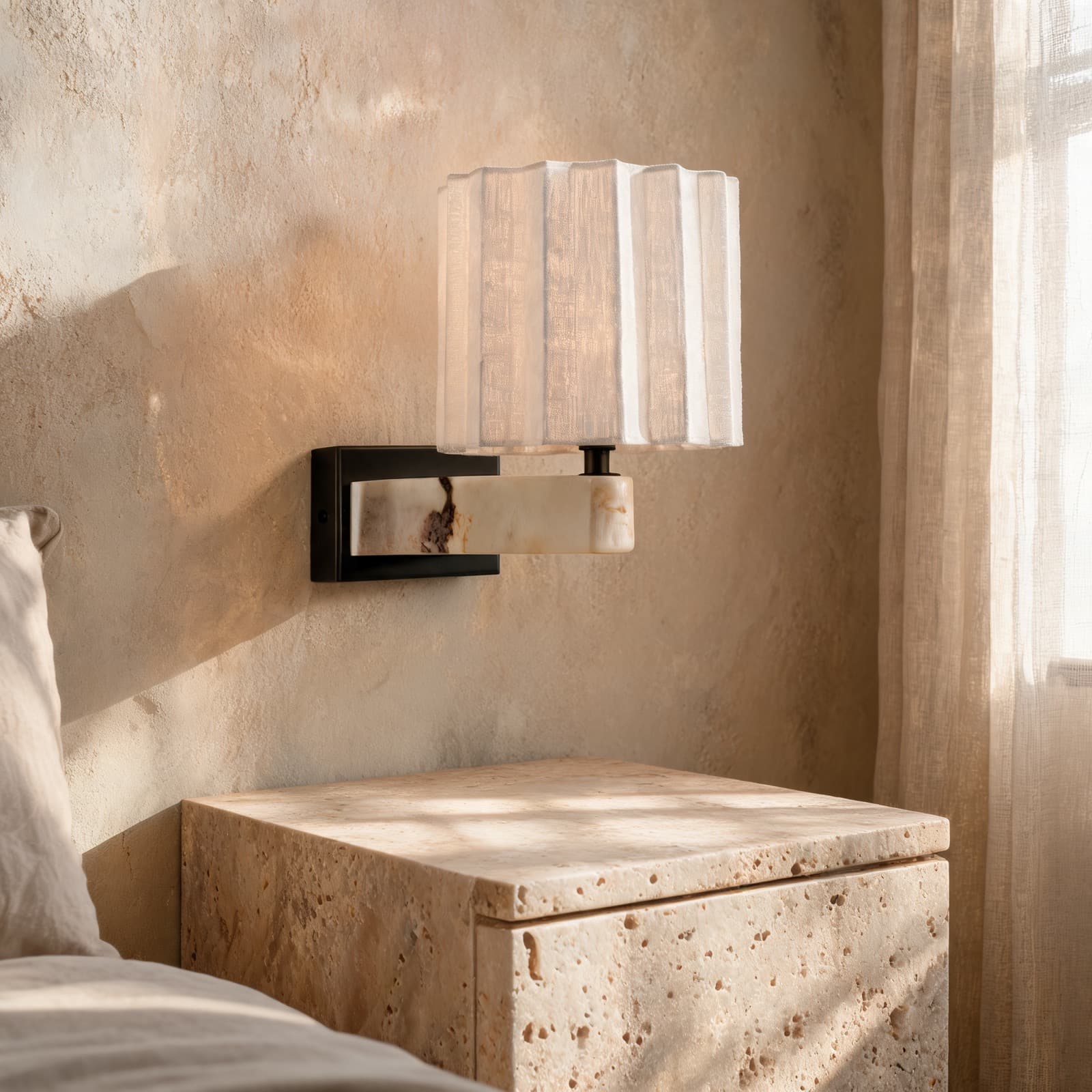 NOR marble sconce and travertine nightstand — a Meli prototype in Melina’s home